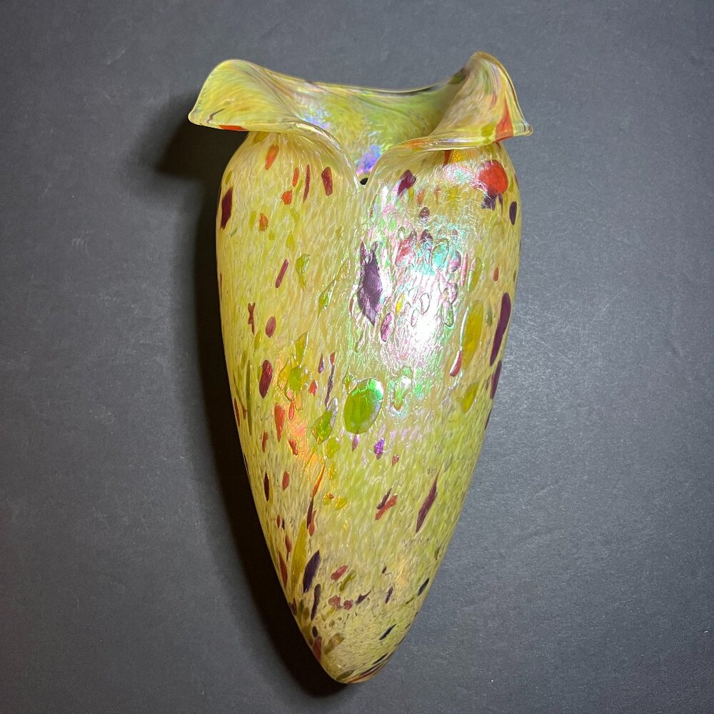 Vintage Glass Eye Hand Blown Confetti Art Glass Wall Hanging Pocket Vase 8.25"